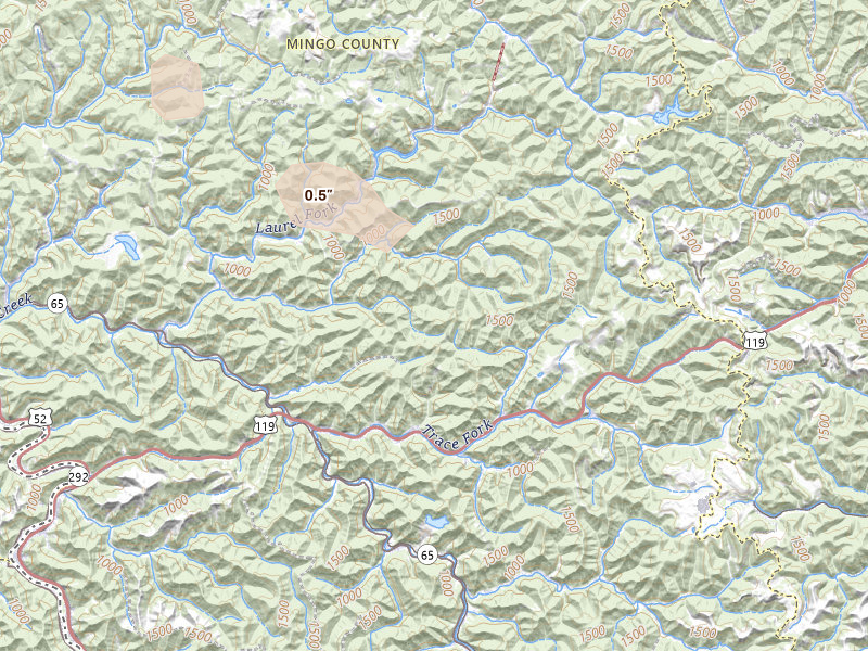 Radar-estimated hail-size map of the storm over Delbarton, WV on May 27, 2026