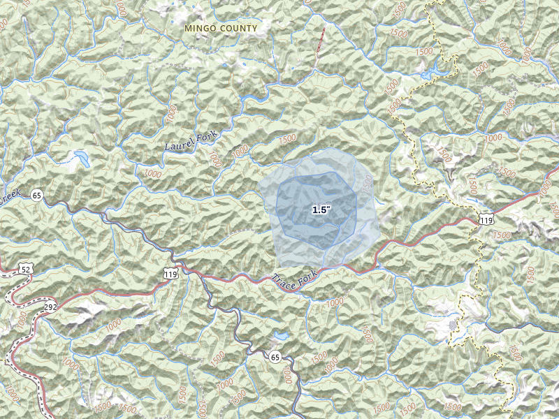 NEXRAD radar-signature map of the hail storm over Delbarton, WV on May 27, 2026