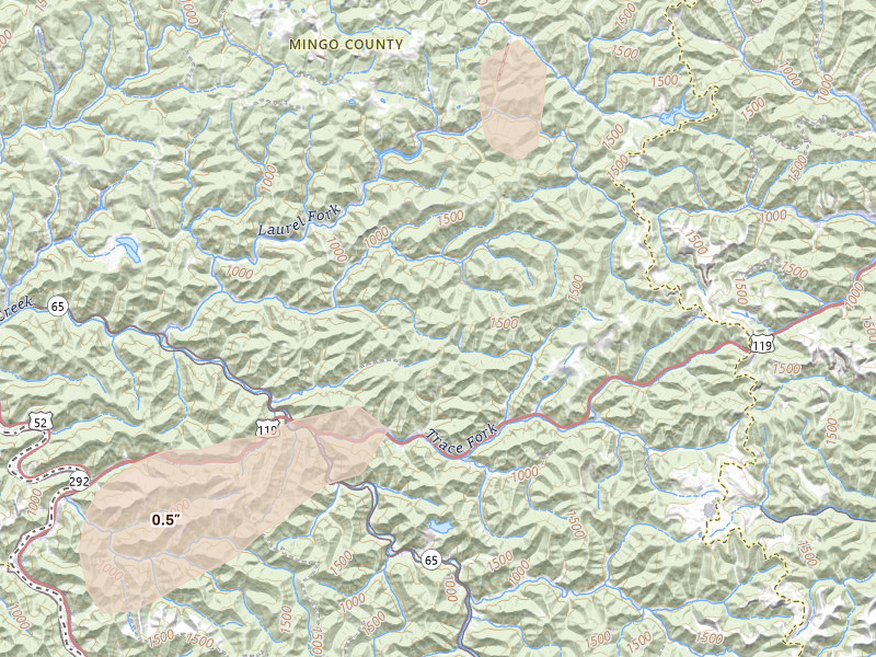 Radar-estimated hail-size map of the storm over Delbarton, WV on Jul 4, 2026