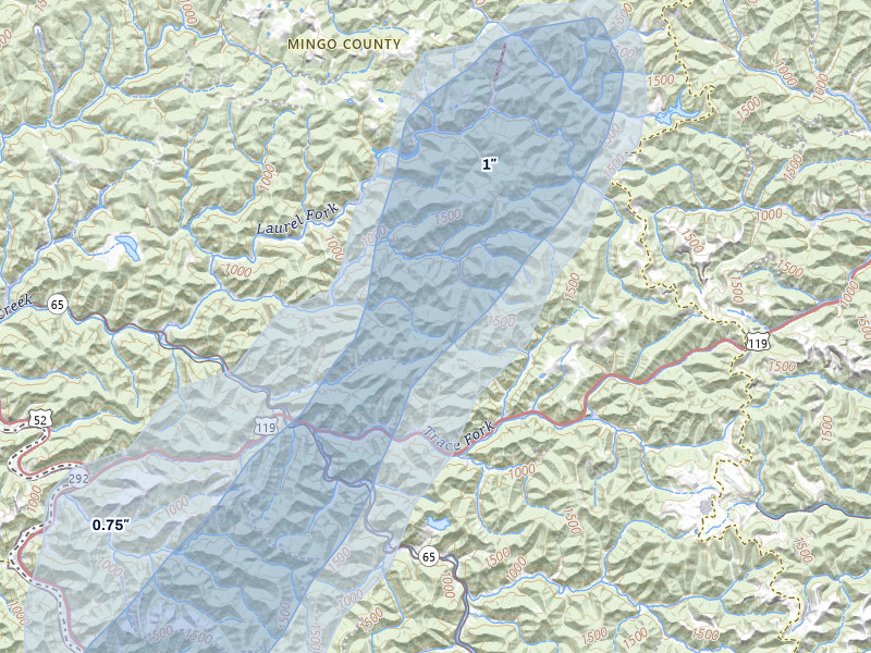 NEXRAD radar-signature map of the hail over Delbarton, WV