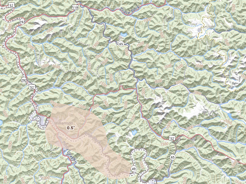 Radar-estimated hail-size map of the storm over Delbarton, WV on Aug 14, 2026