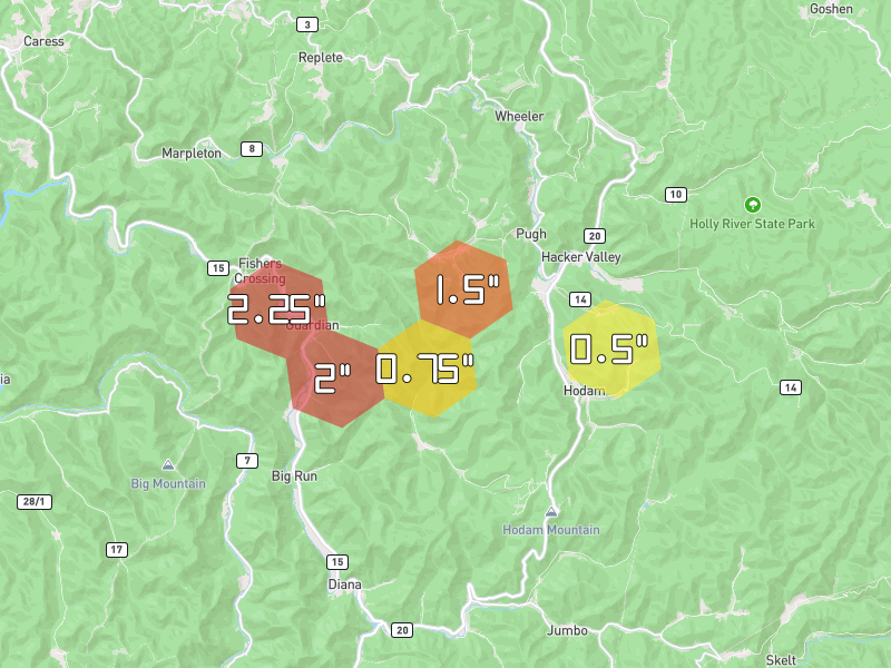 Hail map of Diana, WV on Jul 4, 2026, hail up to 2.25"