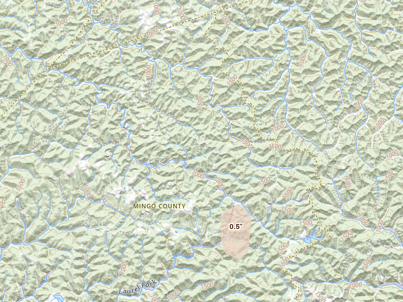 Radar-estimated hail-size map of the storm over Dingess, WV on Jul 4, 2026