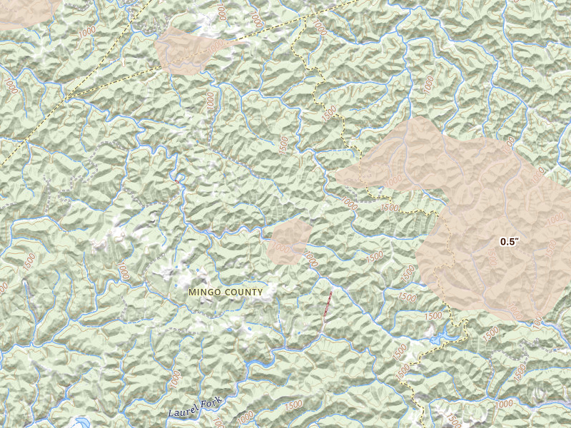 Radar-estimated hail-size map of the storm over Dingess, WV on Aug 22, 2026