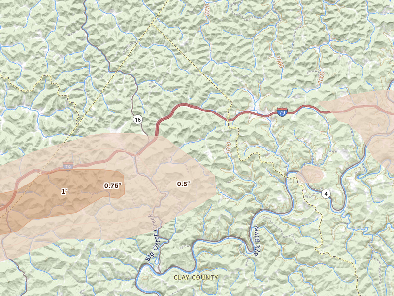 Radar-estimated hail-size map of the storm over Duck, WV on May 20, 2026