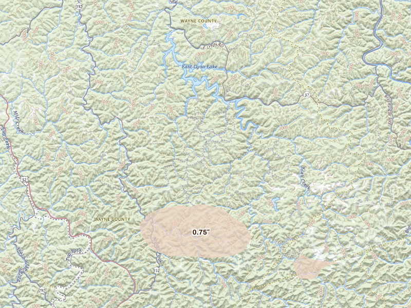 Radar-estimated hail-size map of the storm over Dunlow, WV on Aug 22, 2026