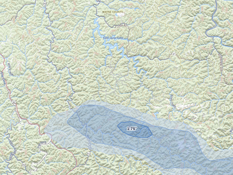 NEXRAD radar-signature map of the hail storm over Dunlow, WV on Aug 22, 2026