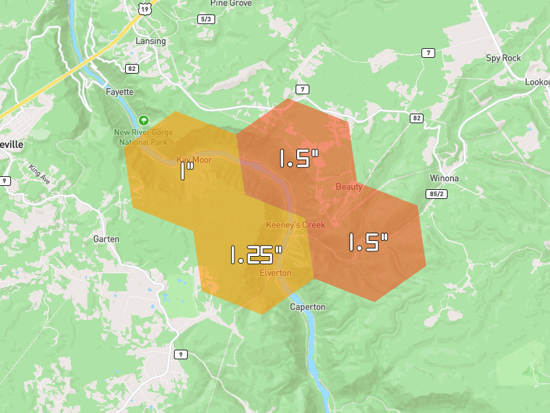 Hail map of Edmond, WV on Jul 4, 2026, hail up to 1.5"