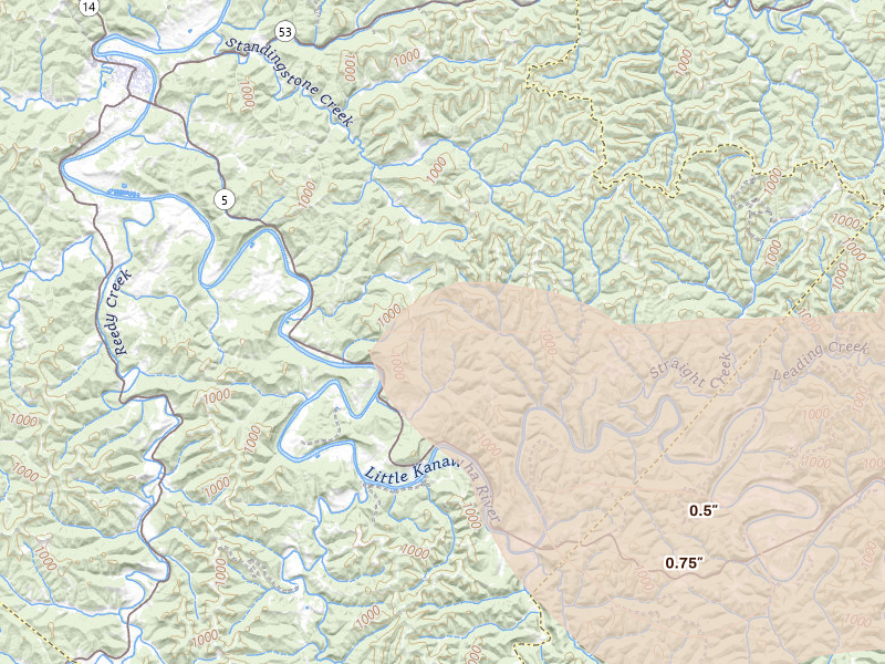 Radar-estimated hail-size map of the storm over Elizabeth, WV on Aug 10, 2026