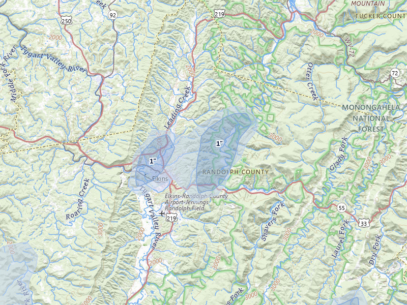 NEXRAD radar-signature map of the hail over Elkins, WV