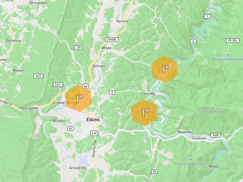 Hail map of Elkins, WV on Jul 4, 2026, hail up to 1"