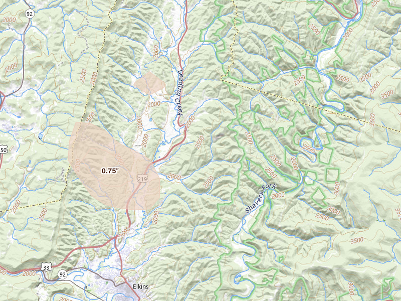 Radar-estimated hail-size map of the storm over Elkins, WV on Sep 3, 2026