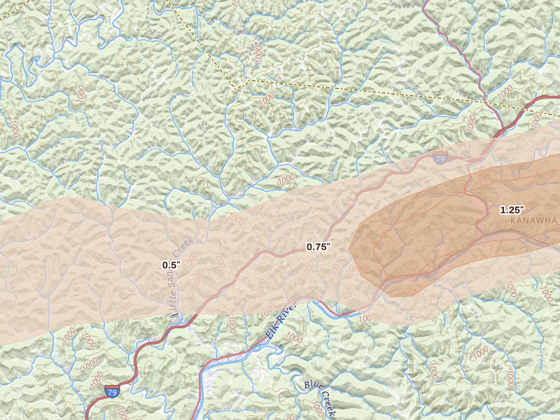 Radar-estimated hail-size map of the storm over Elkview, WV on May 20, 2026