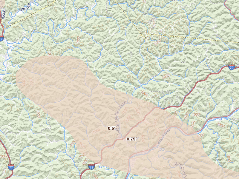 Radar-estimated hail-size map of the storm over Elkview, WV on Aug 8, 2026