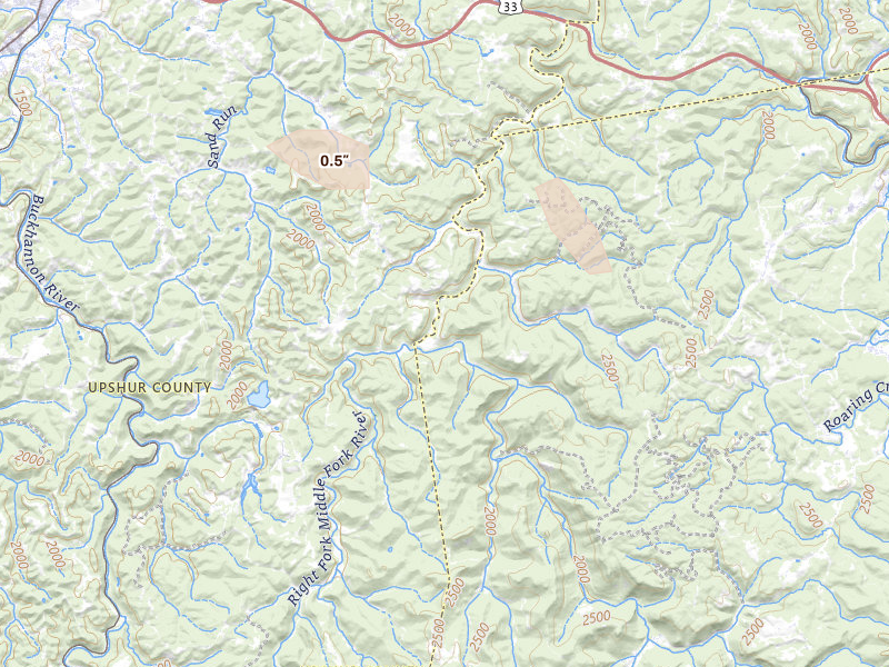 Radar-estimated hail-size map of the storm over Ellamore, WV on Aug 10, 2026