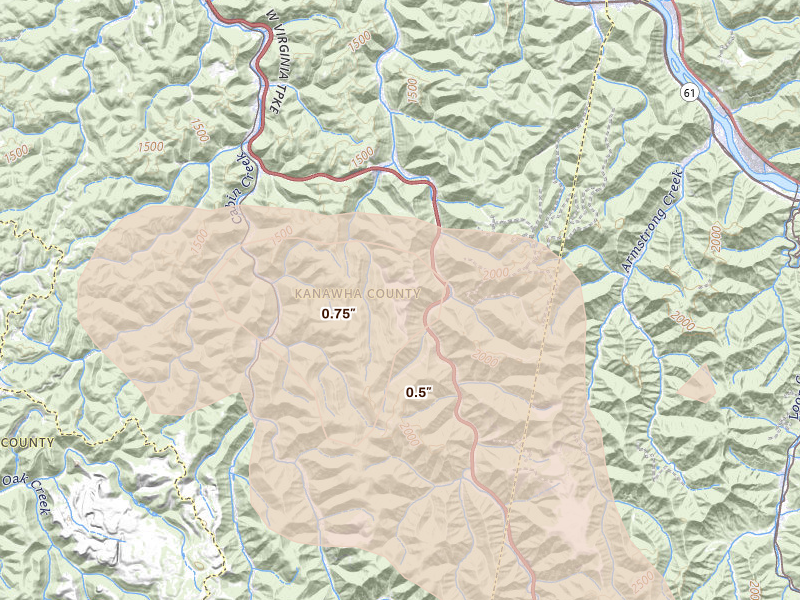 Radar-estimated hail-size map of the storm over Eskdale, WV on Jul 21, 2026