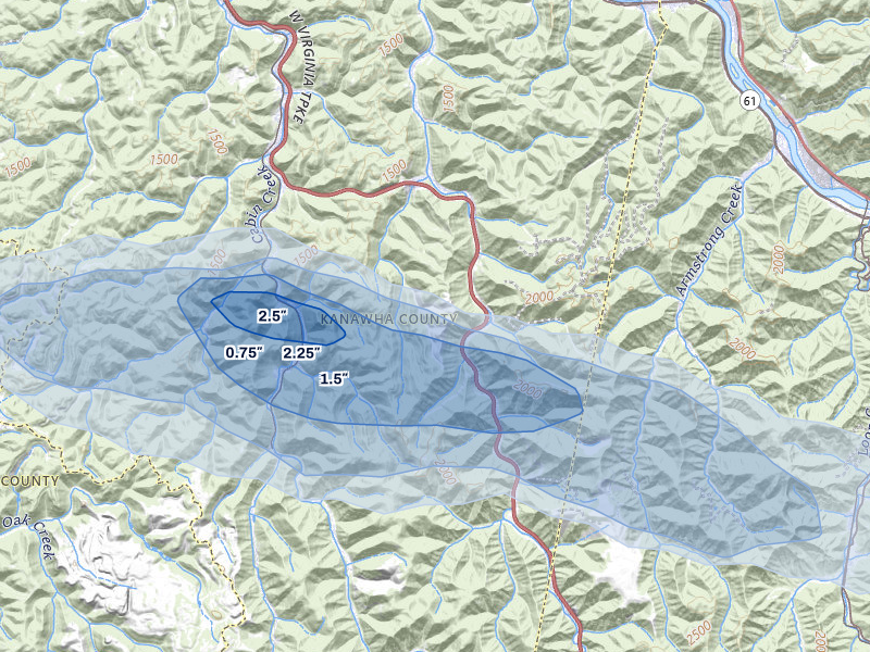 NEXRAD radar-signature map of the hail over Eskdale, WV