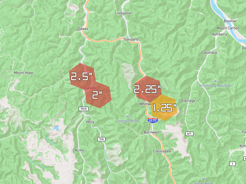 Hail map of Eskdale, WV on Jul 22, 2026, hail up to 2.5"