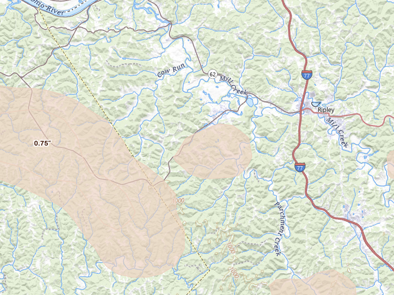 Radar-estimated hail-size map of the storm over Evans, WV on Sep 4, 2026
