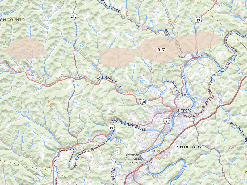 Radar-estimated hail-size map of the storm over Fairmont, WV on Apr 1, 2026