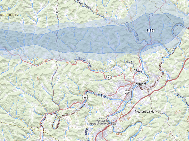 NEXRAD radar-signature map of the hail storm over Fairmont, WV on Apr 1, 2026