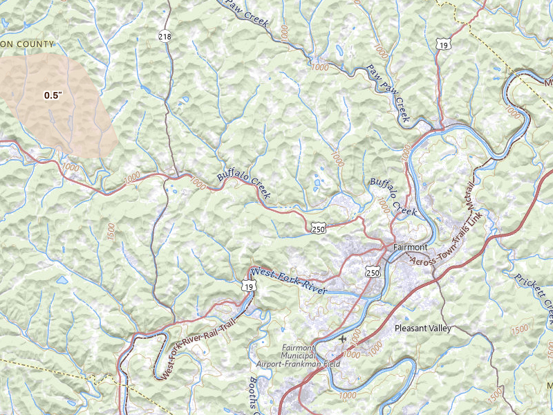 Radar-estimated hail-size map of the storm over Fairmont, WV on Jun 6, 2026