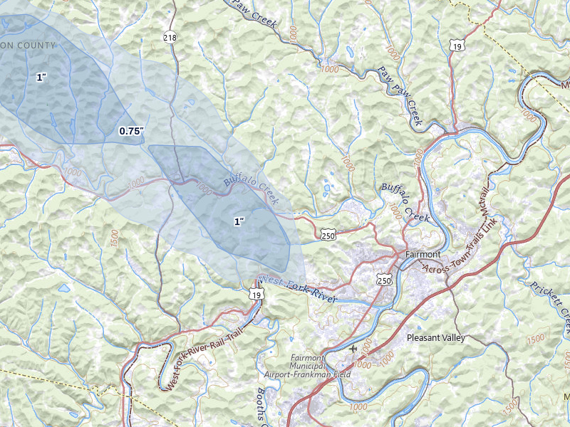 NEXRAD radar-signature map of the hail storm over Fairmont, WV on Jun 6, 2026
