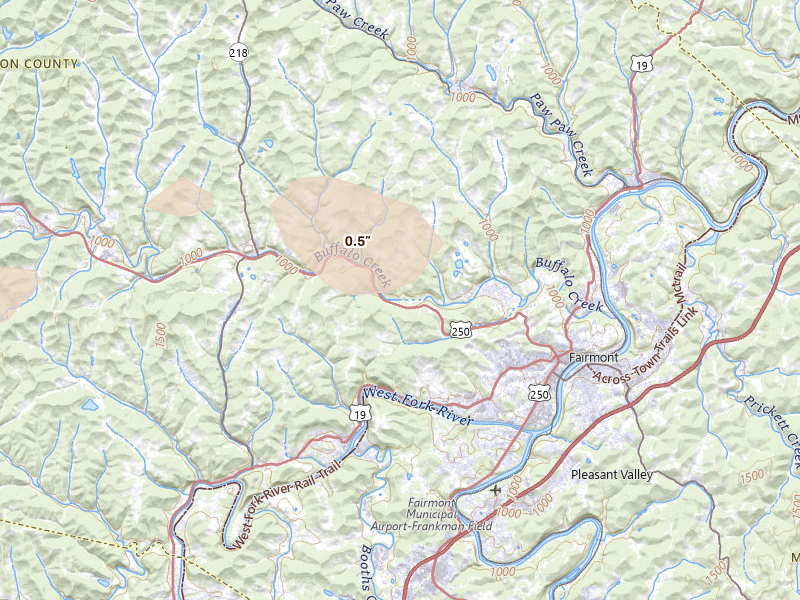 Radar-estimated hail-size map of the storm over Fairmont, WV on Jul 4, 2026