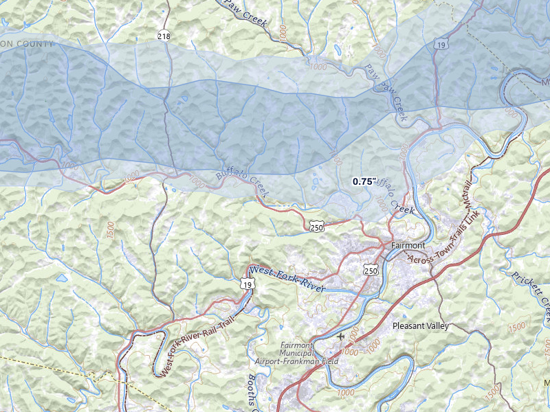 NEXRAD radar-signature map of the hail over Fairmont, WV