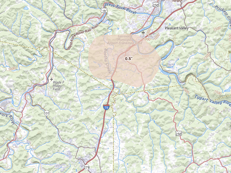 Radar-estimated hail-size map of the storm over Fairmont, WV on Sep 3, 2026