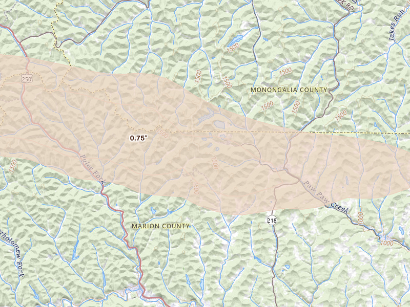 Radar-estimated hail-size map of the storm over Fairview, WV on May 13, 2026