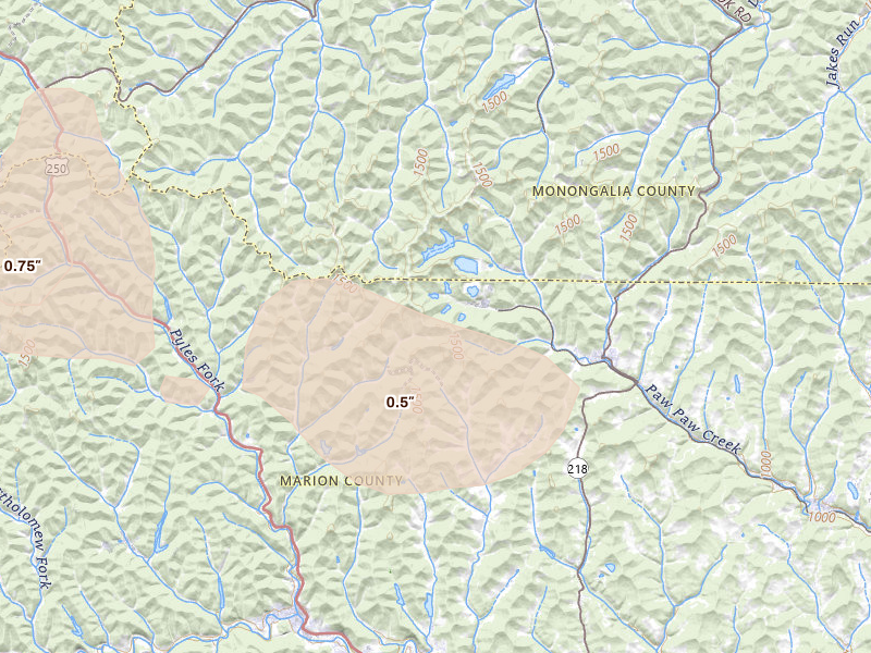 Radar-estimated hail-size map of the storm over Fairview, WV