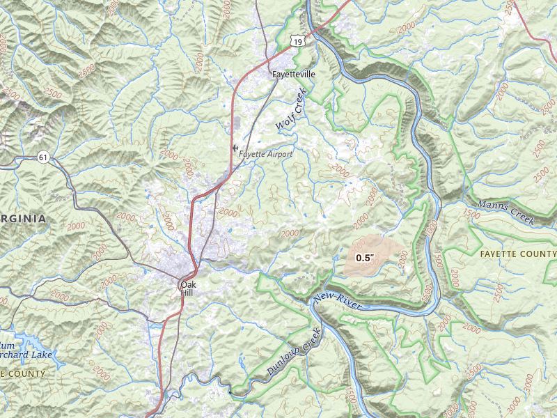 Radar-estimated hail-size map of the storm over Fayetteville, WV on May 27, 2026