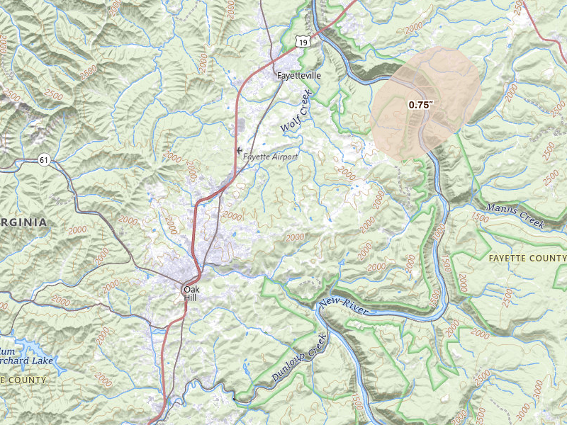 Radar-estimated hail-size map of the storm over Fayetteville, WV on Jul 4, 2026