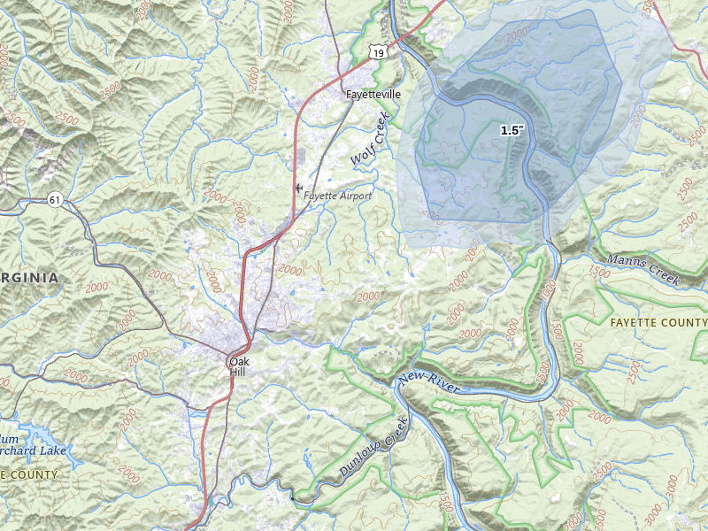 NEXRAD radar-signature map of the hail over Fayetteville, WV
