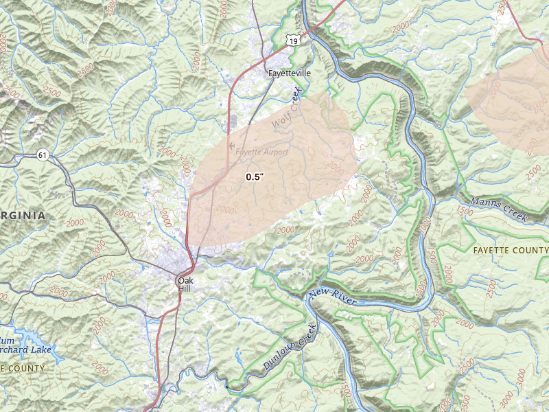 Radar-estimated hail-size map of the storm over Fayetteville, WV on Aug 2, 2026
