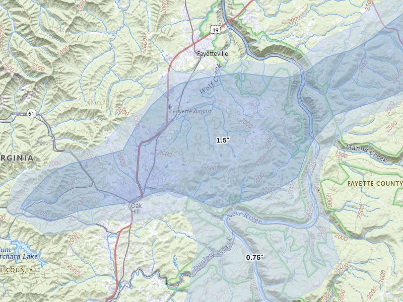 NEXRAD radar-signature map of the hail over Fayetteville, WV