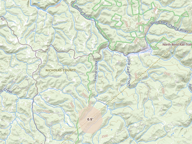 Radar-estimated hail-size map of the storm over Fenwick, WV on Jun 2, 2026