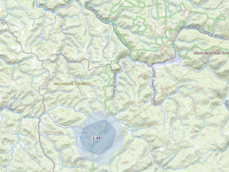 NEXRAD radar-signature map of the hail over Fenwick, WV
