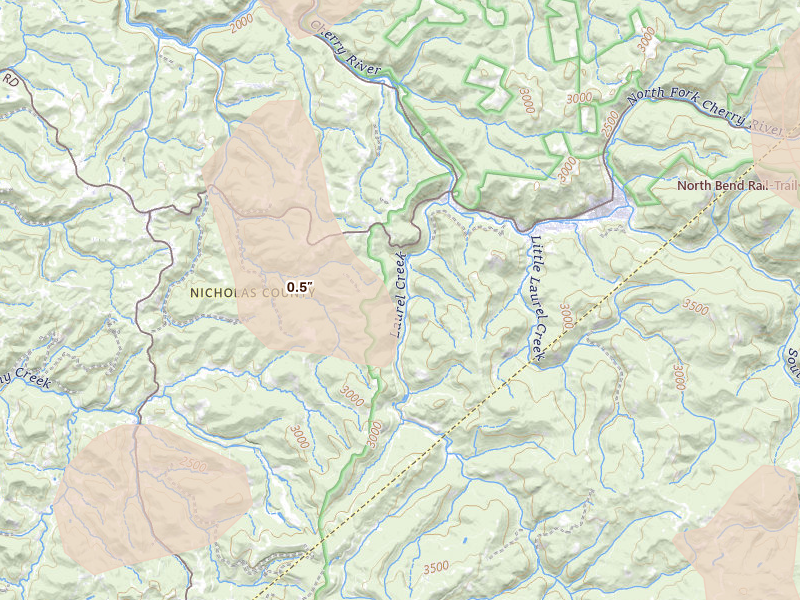 Radar-estimated hail-size map of the storm over Fenwick, WV on Jul 4, 2026