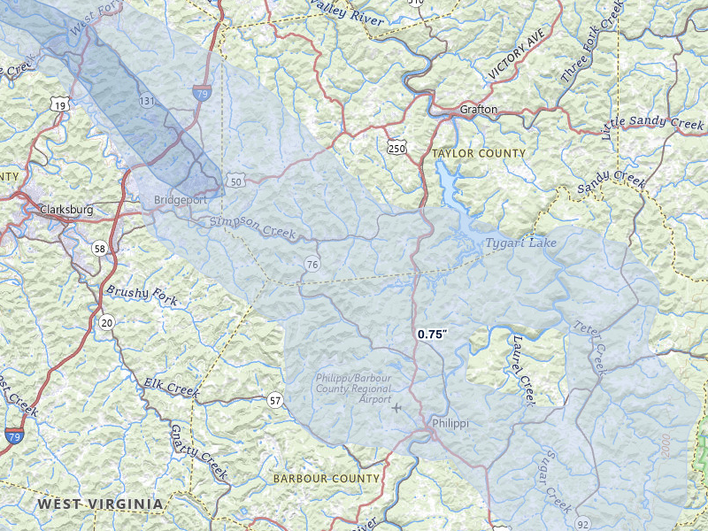 NEXRAD radar-signature map of the hail over Flemington, WV