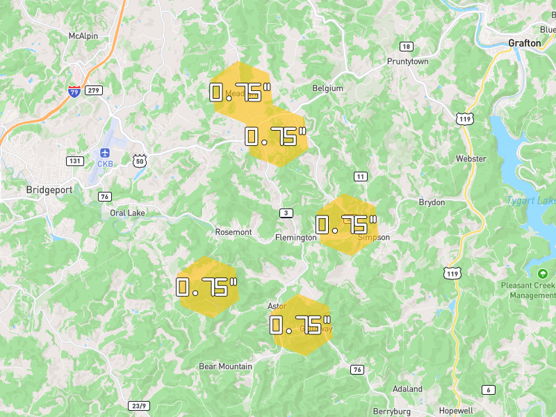 Hail map of Flemington, WV on Jul 21, 2026, hail up to 0.75"
