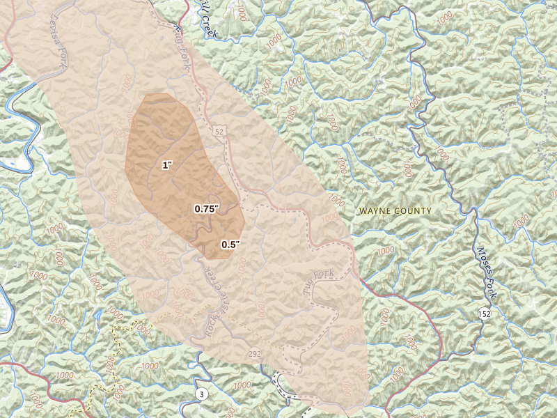 Radar-estimated hail-size map of the storm over Fort Gay, WV on Jul 27, 2026
