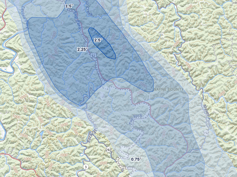 NEXRAD radar-signature map of the hail storm over Fort Gay, WV on Jul 27, 2026