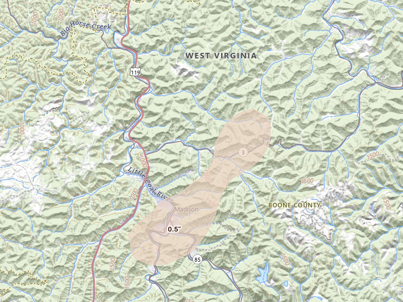Radar-estimated hail-size map of the storm over Foster, WV on Jul 4, 2026