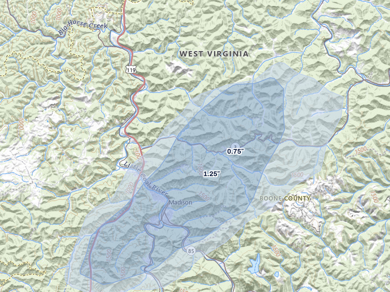 NEXRAD radar-signature map of the hail over Foster, WV