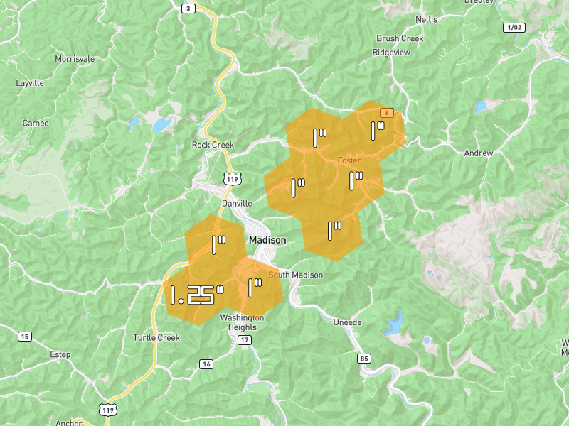 Hail map of Foster, WV on Jul 4, 2026, hail up to 1.25"