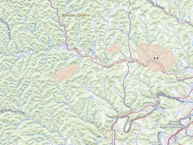 Radar-estimated hail-size map of the storm over Four States, WV on Jul 4, 2026
