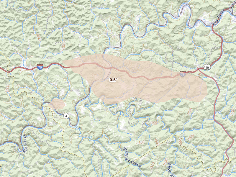 Radar-estimated hail-size map of the storm over Frametown, WV on May 20, 2026