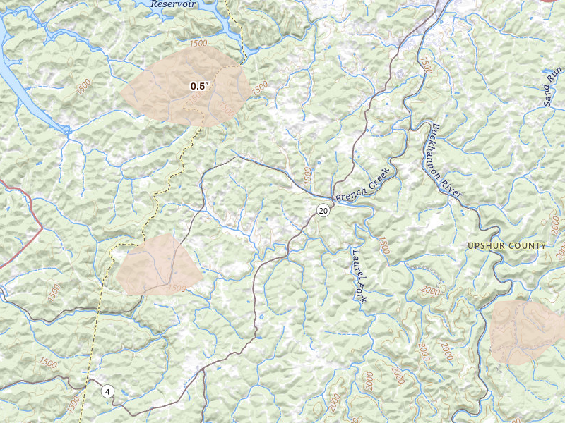 Radar-estimated hail-size map of the storm over French Creek, WV on Jun 11, 2026